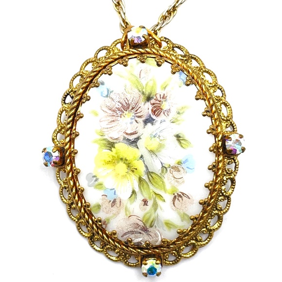 W. Germany Vintage Porcelain Floral Painted Converted Necklace Victorian Style - Picture 2 of 16